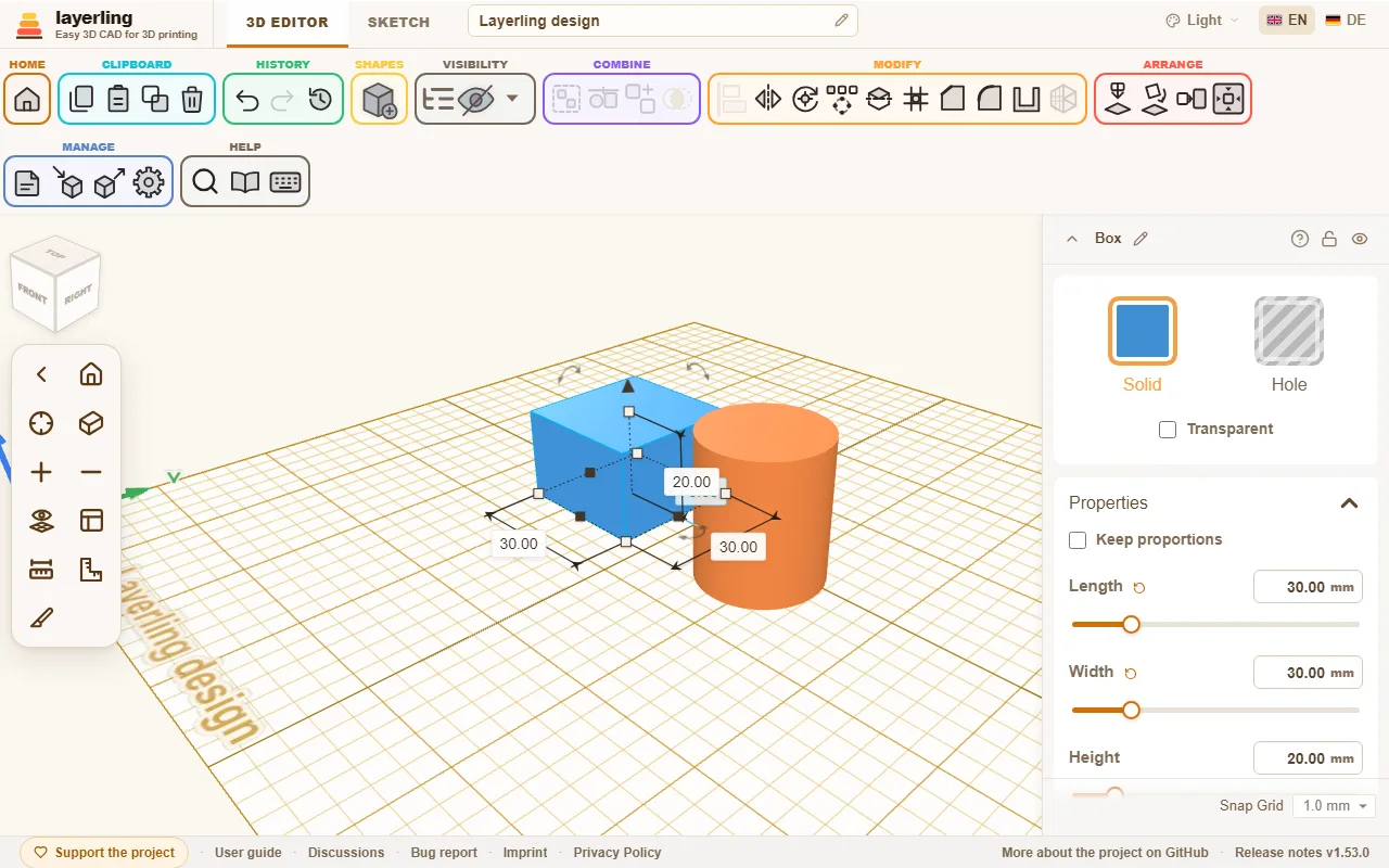 The settings of a cylinder: solid or hole, diameter and height as a number and as a slider.
