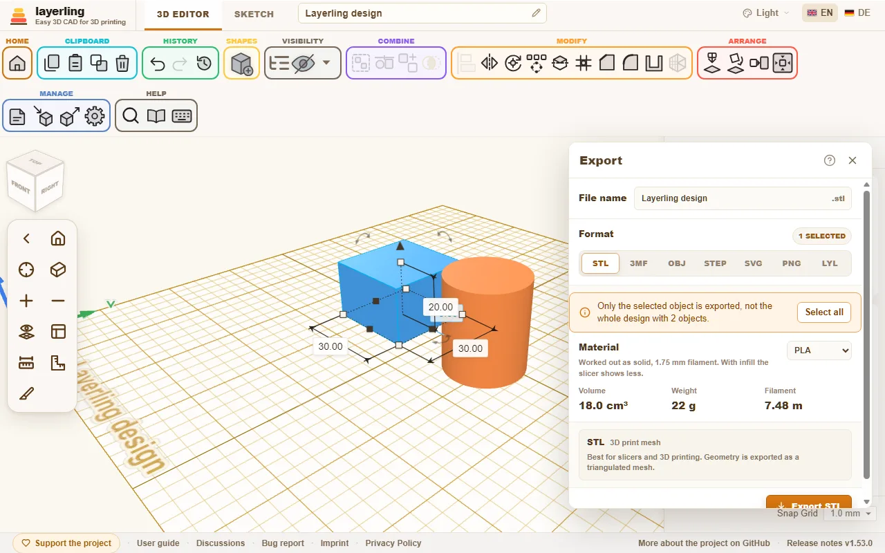 The export window with the formats STL, 3MF, OBJ, STEP, SVG, PNG and LYL.