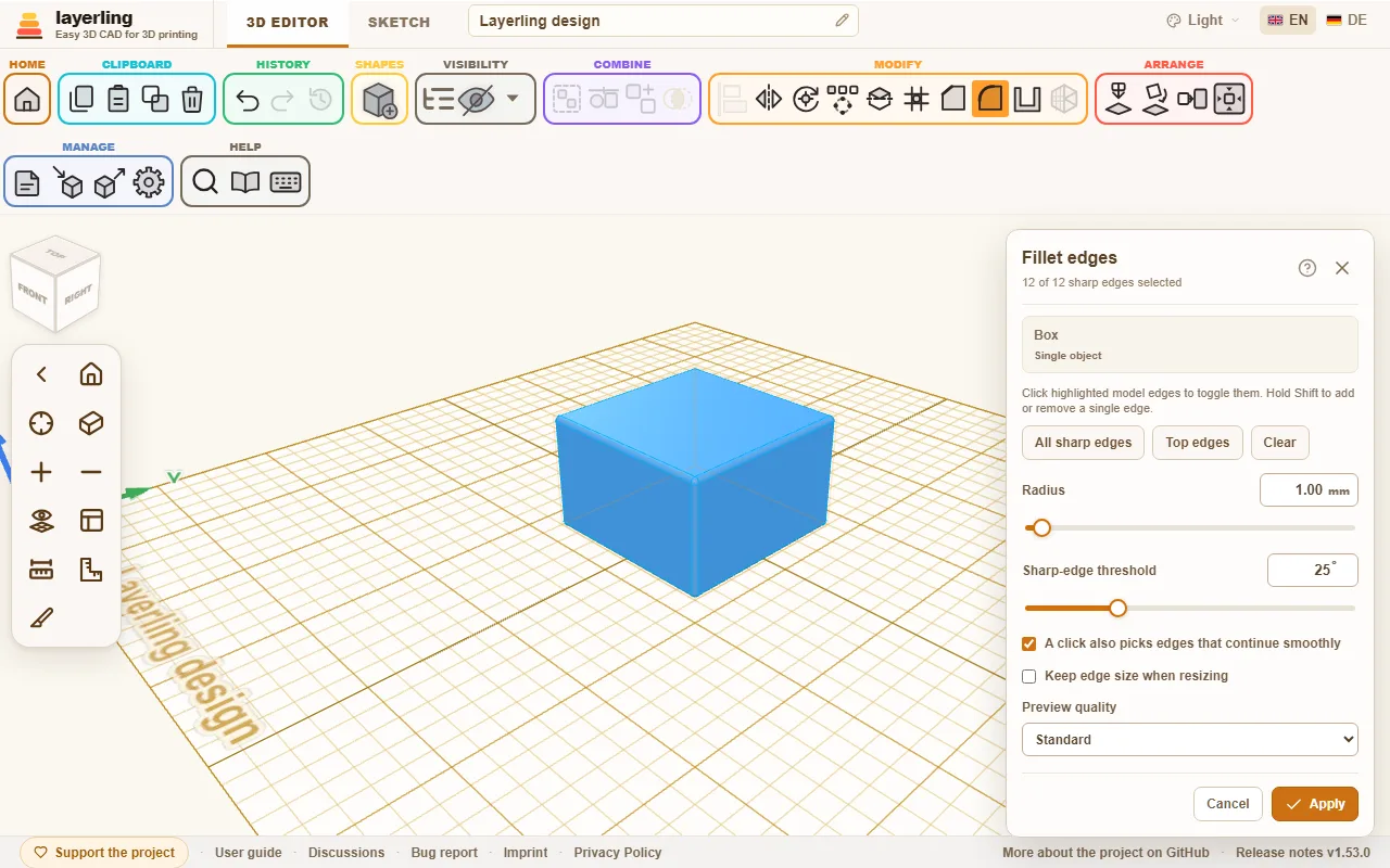 The "Fillet edges" tool: all sharp edges are selected, the picture shows the preview with a 4 mm radius.