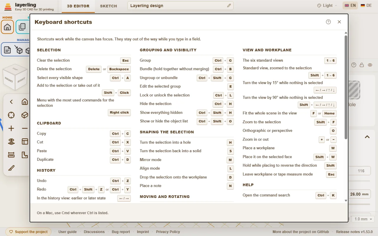 The keyboard shortcuts window in the editor.
